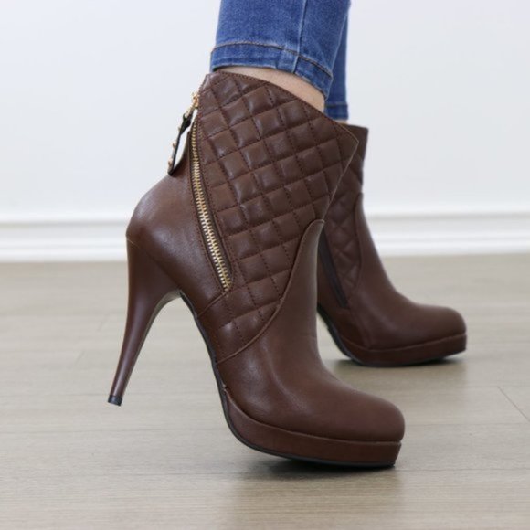 Brown Quilted Platform High Heel Ankle Boots - Picture 8 of 8